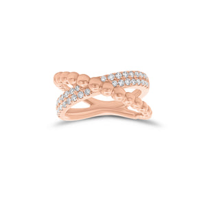 Diamond & Beaded Gold Crossover Ring - 14K gold weighing 5.59 grams - 34 round diamonds weighing 0.38 carats