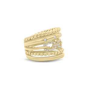 Diamond Five-Band Ring - 14K gold weighing 13.16 grams - 59 round diamonds weighing 0.29 carats