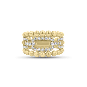 Diamond Chain Link & Gold Ball Multi-Band Ring - 14K gold weighing 9.38 grams - 46 round diamonds weighing 0.63 carats