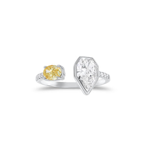 Diamond Heptagon & Yellow Diamond Oval Open Ring - 14K gold weighing 2.58 grams - 0.46 ct Fancy yellow, oval brilliant-cut diamond  - 1.04 ct pear-shaped diamond (GIA-graded D color, VS1 clarity)  - 9 round diamonds weighing 0.09 carats