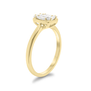 Emerald-Cut Diamond Illusion Engagement Ring - 18K gold weighing 2.66 grams  - 0.19 ct emerald-cut diamond  - 4 round diamonds weighing 0.07 carats  - 4 straight baguettes weighing 0.27 carats