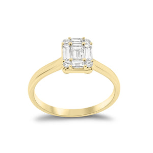 Emerald-Cut Diamond Illusion Engagement Ring - 18K gold weighing 2.66 grams  - 0.19 ct emerald-cut diamond  - 4 round diamonds weighing 0.07 carats  - 4 straight baguettes weighing 0.27 carats