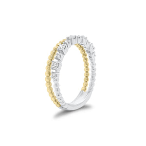 Diamond & Beaded Gold Stacking Ring - 18K gold weighing 3.21 grams - 11 round diamonds weighing 0.24 carats