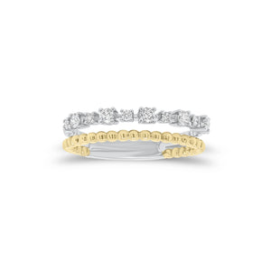 Diamond & Beaded Gold Stacking Ring  - 18K gold weighing 3.21 grams  - 11 round diamonds weighing 0.24 carats