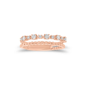 Diamond & Beaded Gold Stacking Ring - 18K gold weighing 3.21 grams - 11 round diamonds weighing 0.24 carats