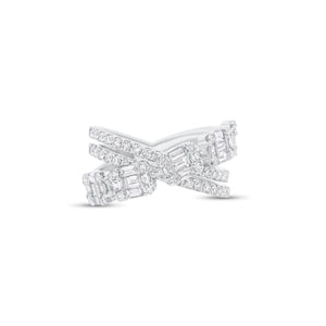 Baguette and round diamond double crossover ring - 14K gold weighing 5.66 grams
- 62 round diamonds weighing 0.70 carats
- 25 straight baguettes weighing 0.69 carats