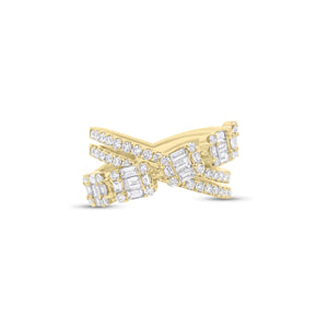 Baguette and round diamond double crossover ring - 14K gold weighing 5.66 grams
- 62 round diamonds weighing 0.70 carats
- 25 straight baguettes weighing 0.69 carats