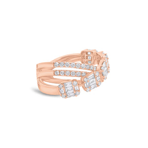 Baguette and round diamond double crossover ring - 14K gold weighing 5.66 grams
- 62 round diamonds weighing 0.70 carats
- 25 straight baguettes weighing 0.69 carats