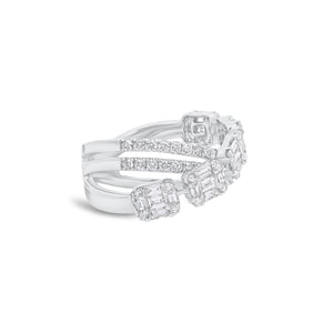 Baguette and round diamond double crossover ring - 14K gold weighing 5.66 grams
- 62 round diamonds weighing 0.70 carats
- 25 straight baguettes weighing 0.69 carats