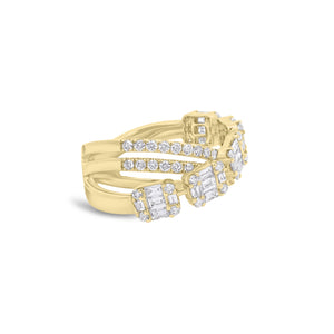 Baguette and round diamond double crossover ring - 14K gold weighing 5.66 grams
- 62 round diamonds weighing 0.70 carats
- 25 straight baguettes weighing 0.69 carats