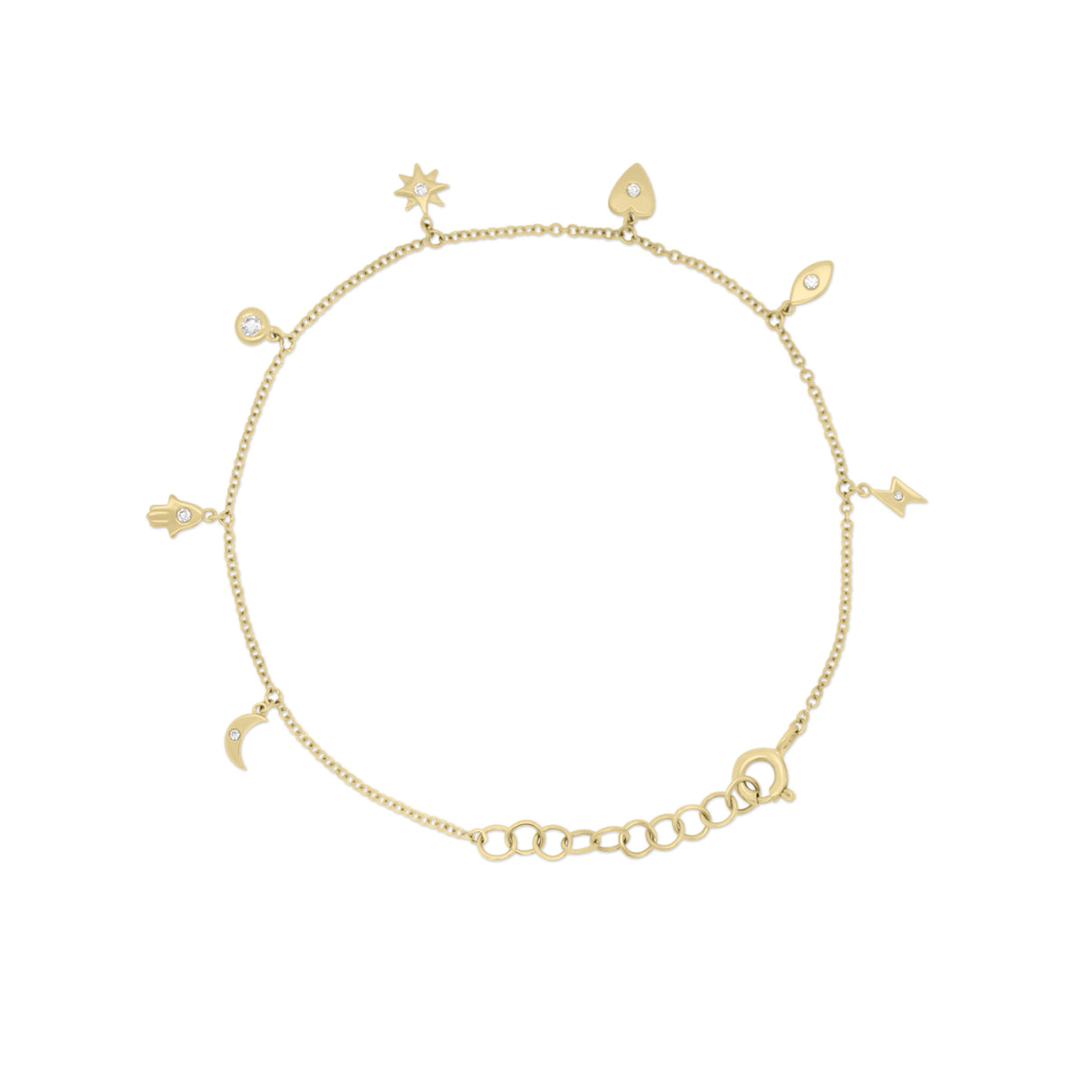Diamond Whimsical Charms Bracelet - 14K yellow gold weighing 1.67 grams - 7 round diamonds totaling 0.07 carats