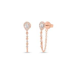 Diamond Teardrop Chain Link Earrings - 14K rose gold weighing 1.43 grams - 30 round diamonds totaling 0.12 carats - 2 round diamonds totaling 0.16 carats