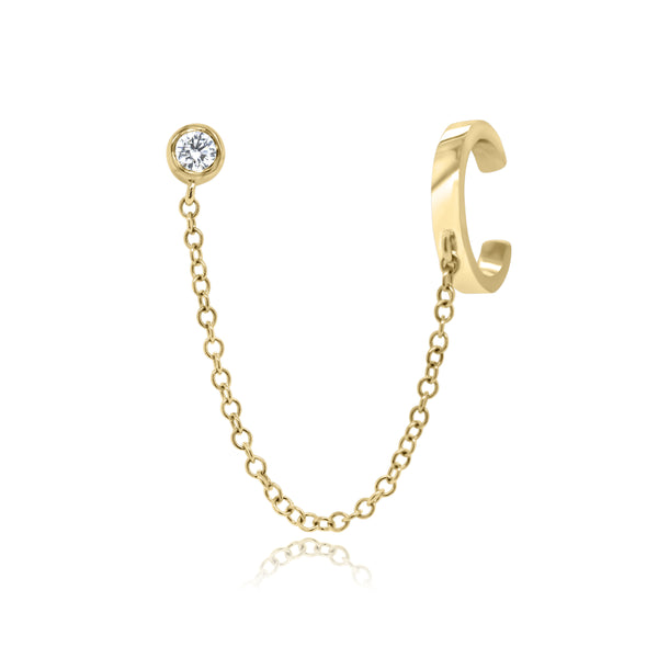 Gold Ear Cuff with Chain and Bezel-Set Diamond Stud - Nuha Jewelers