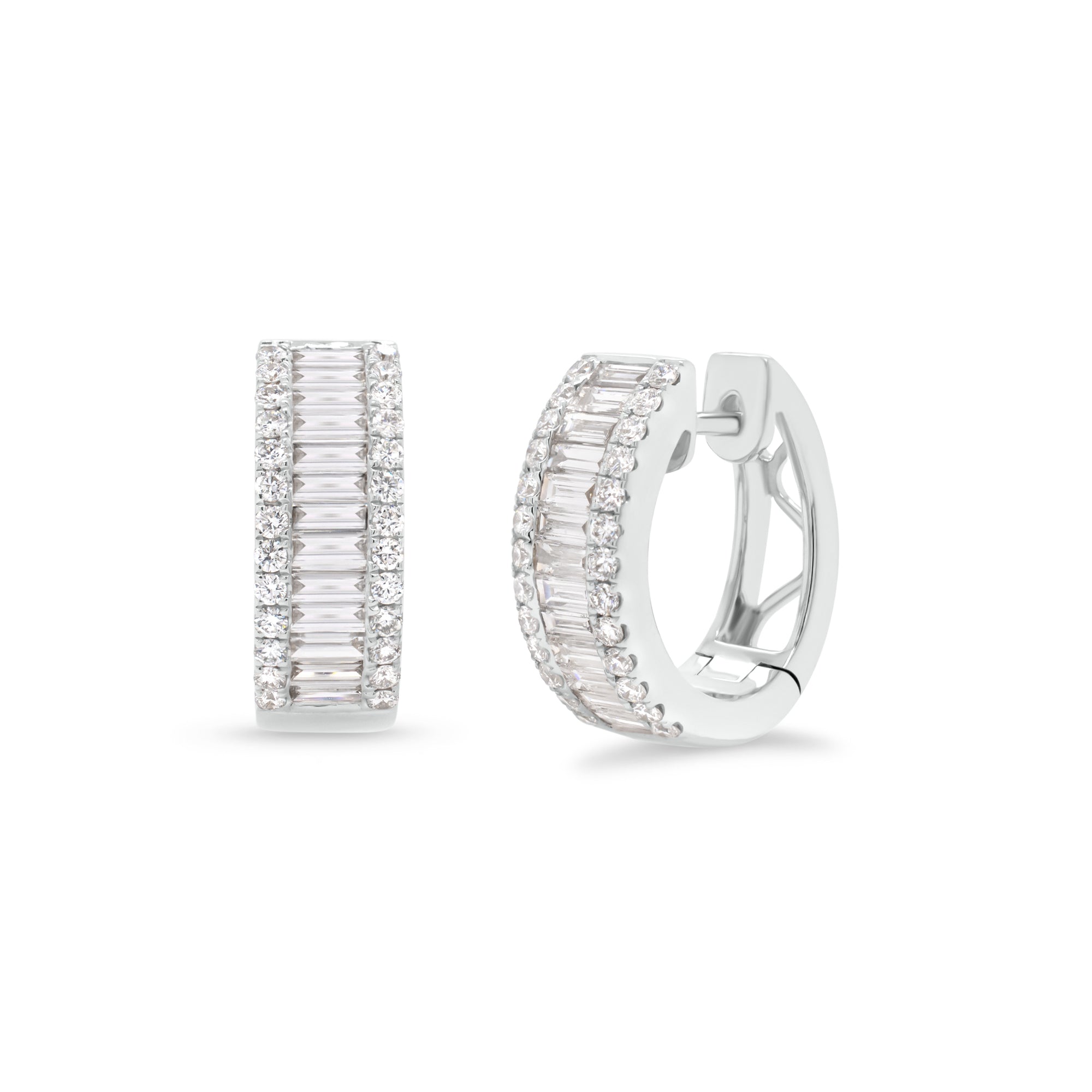 Diamond Baguette Wide Huggie Earrings - 18K gold weighing 5.94 grams  - 52 round diamonds totaling 0.45 carats  - 26 straight baguettes totaling 0.92 carats