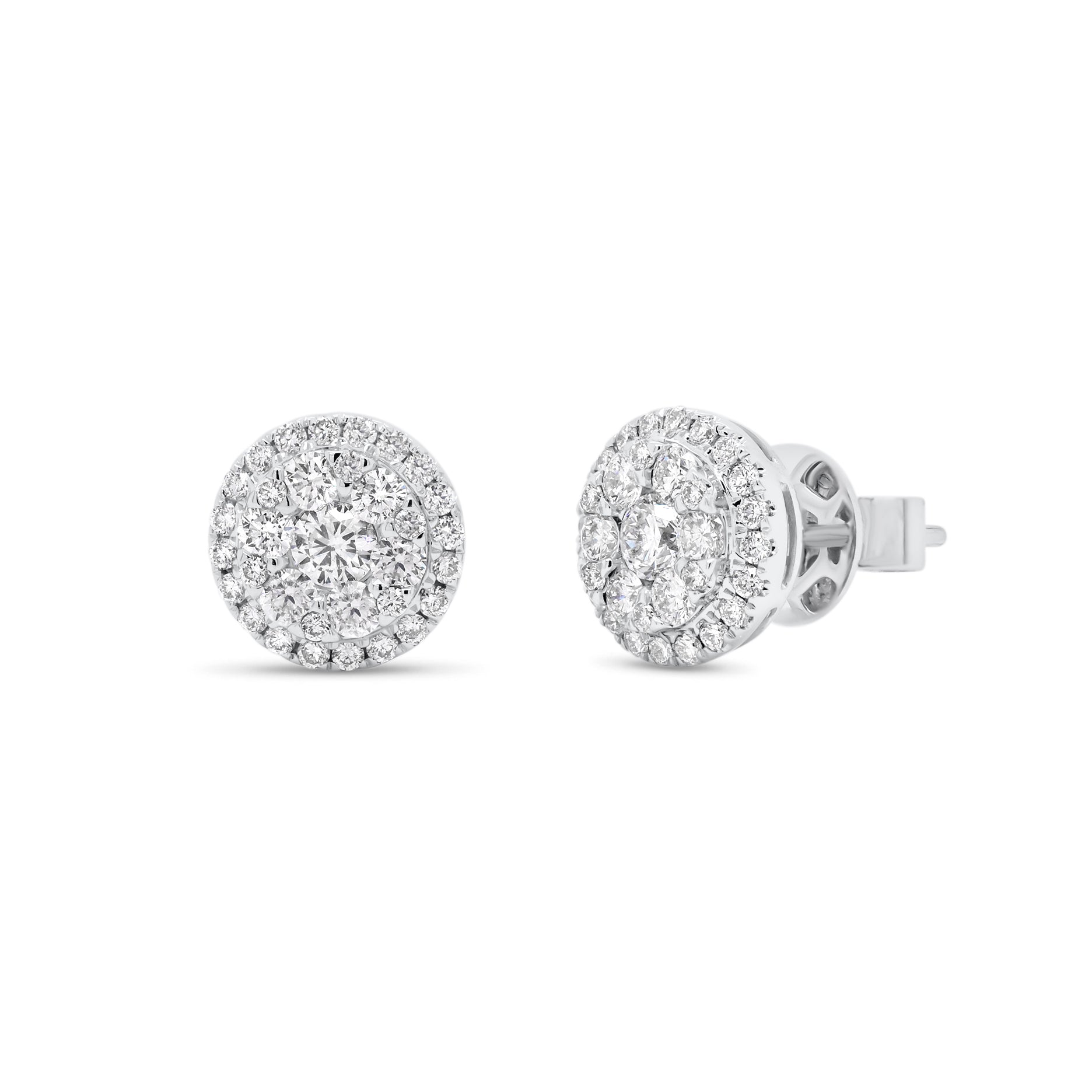 diamond round cluster stud earrings - 18K gold weighing 2.77 grams  - 66 round diamonds totaling 0.85 carats