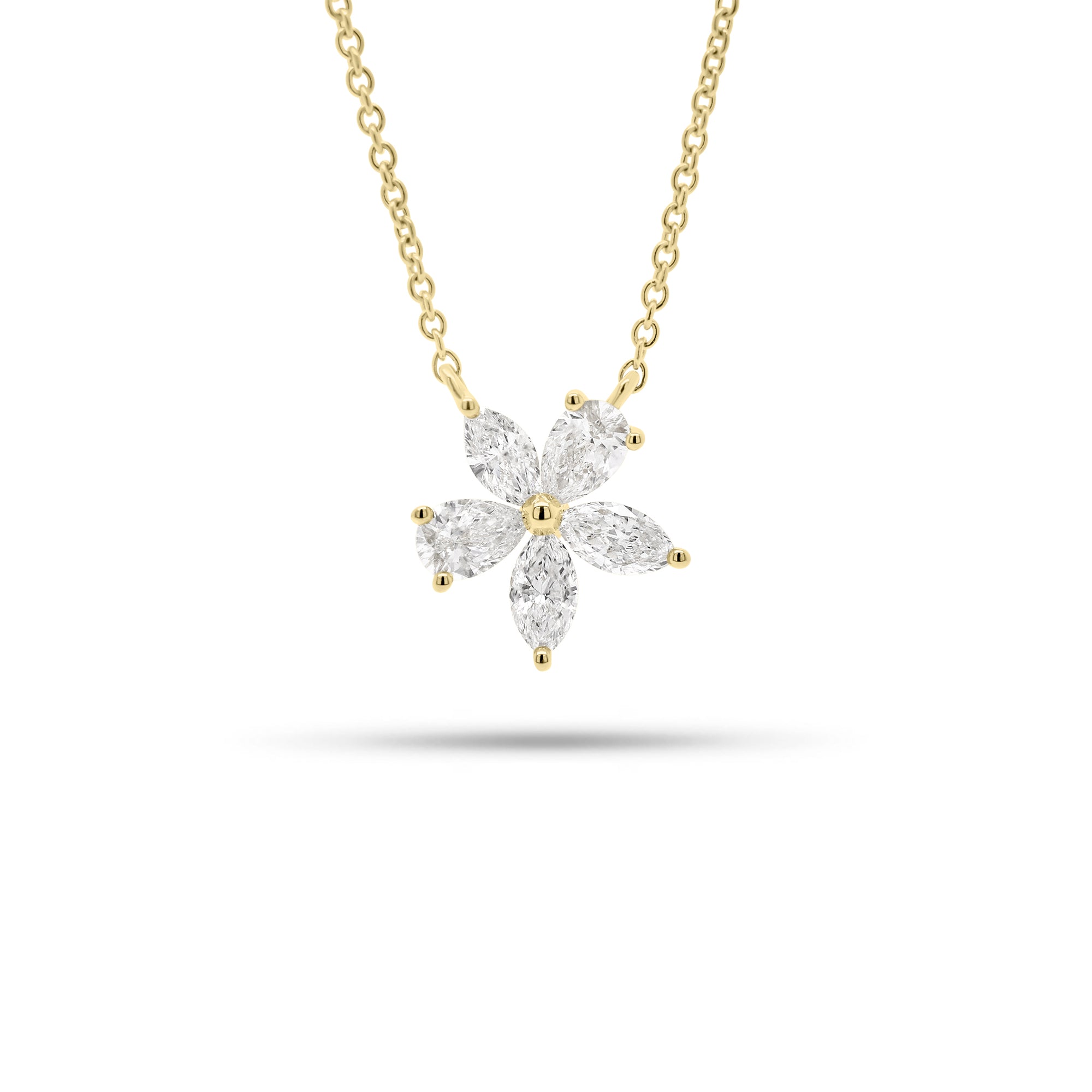 Pear and Marquise-Shaped Diamond Flower Pendant Necklace - 18K gold weighing 2.05 grams  - 2 pear-shaped diamonds weighing 0.21 carats  - 3 marquise-shaped diamonds weighing 0.24 carats