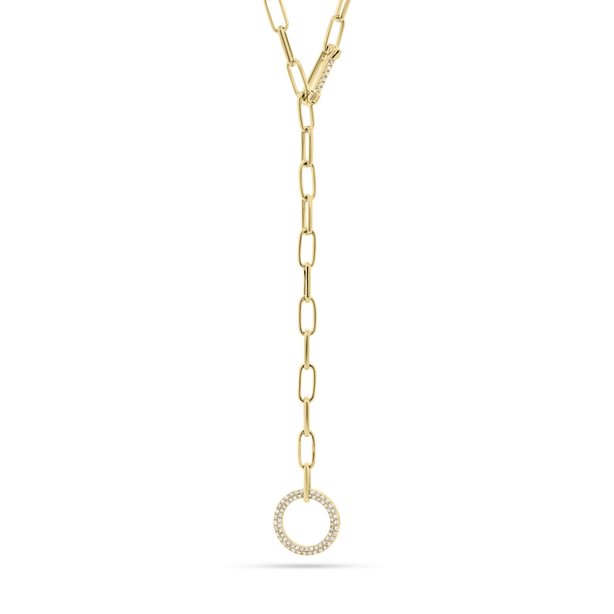 Diamond Circle Lariat Necklace with Paperclip Chain  - 14K gold weighing 10.97 grams  - 142 round diamonds totaling 0.39 carats