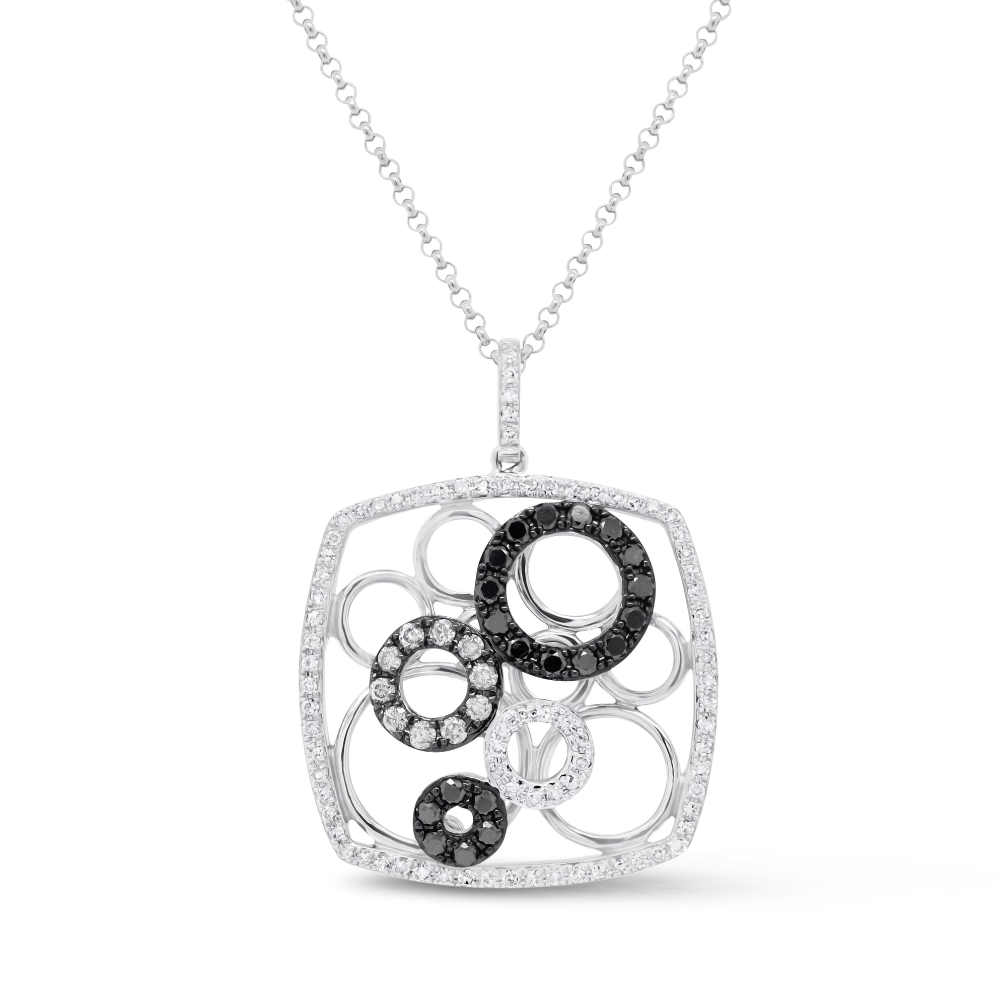 Black Diamond Circles Pendant - 14K rose gold weighing 4.17 grams - 81 round diamonds totaling 0.20 carats - 20 round black diamonds totaling 0.24 carats - 10 round brown diamonds totaling 0.10 carats