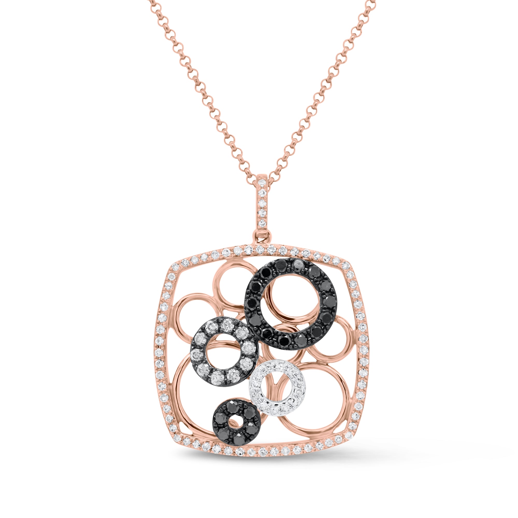 Black Diamond Circles Pendant - 14K rose gold weighing 4.17 grams - 81 round diamonds totaling 0.20 carats - 20 round black diamonds totaling 0.24 carats - 10 round brown diamonds totaling 0.10 carats