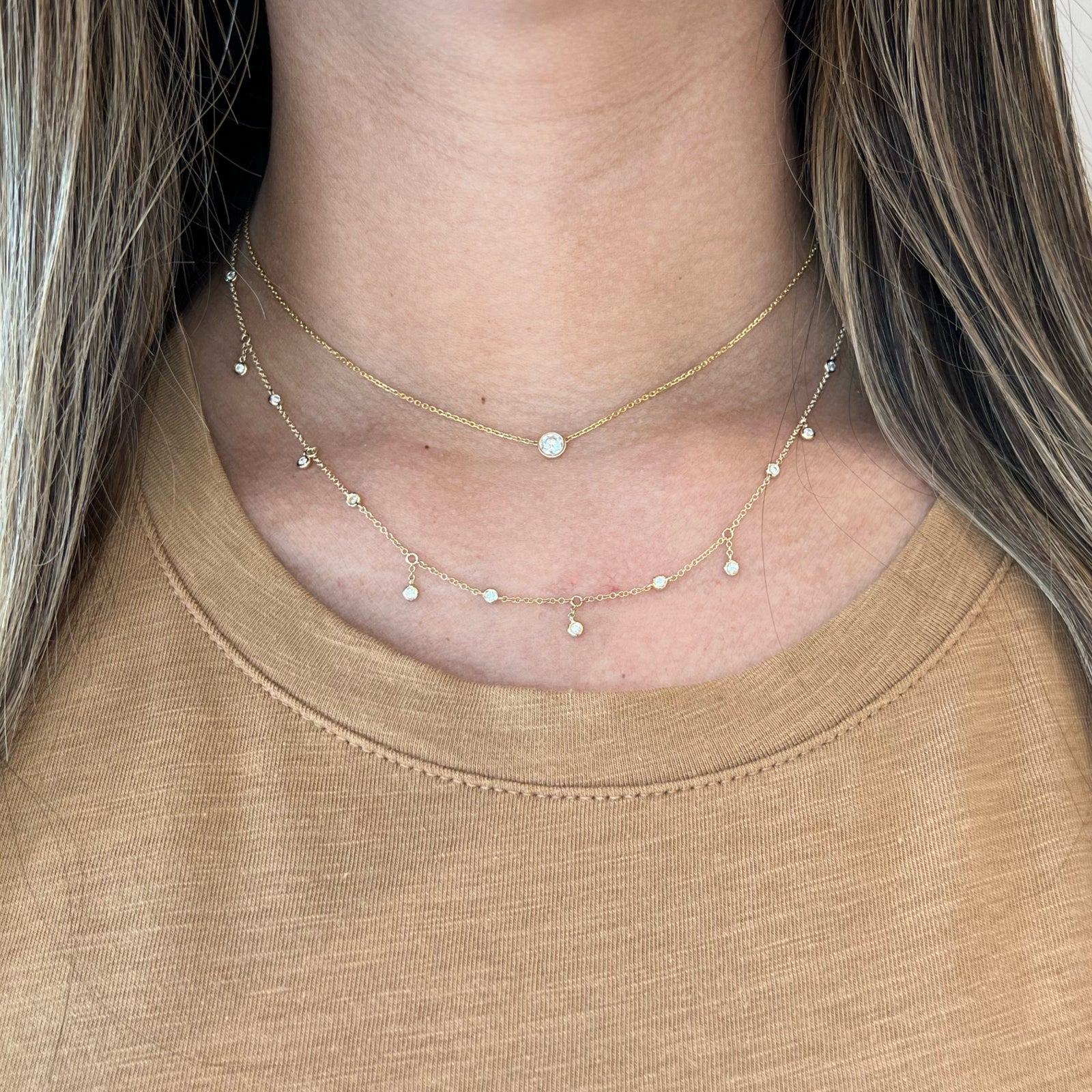 Diamond Fringe Necklace  14k yellow gold, 2.15 grams, 15 round diamonds weighing .27 carats.