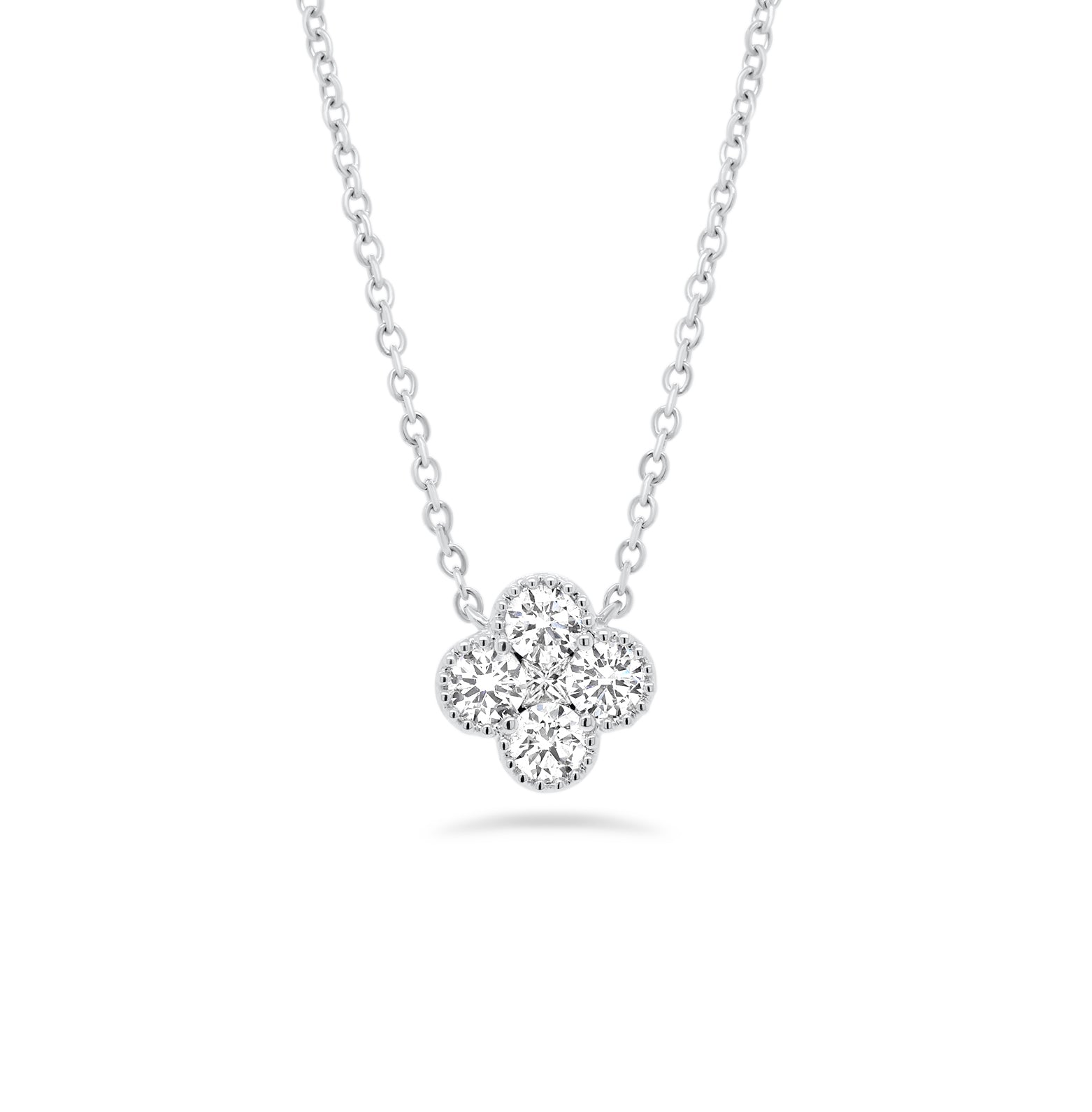 Diamond Flower Pendant  - 18K gold weighing 2.38 grams  - 4 round diamonds totaling 0.37 carats  - 0.03 ct princess-cut diamond