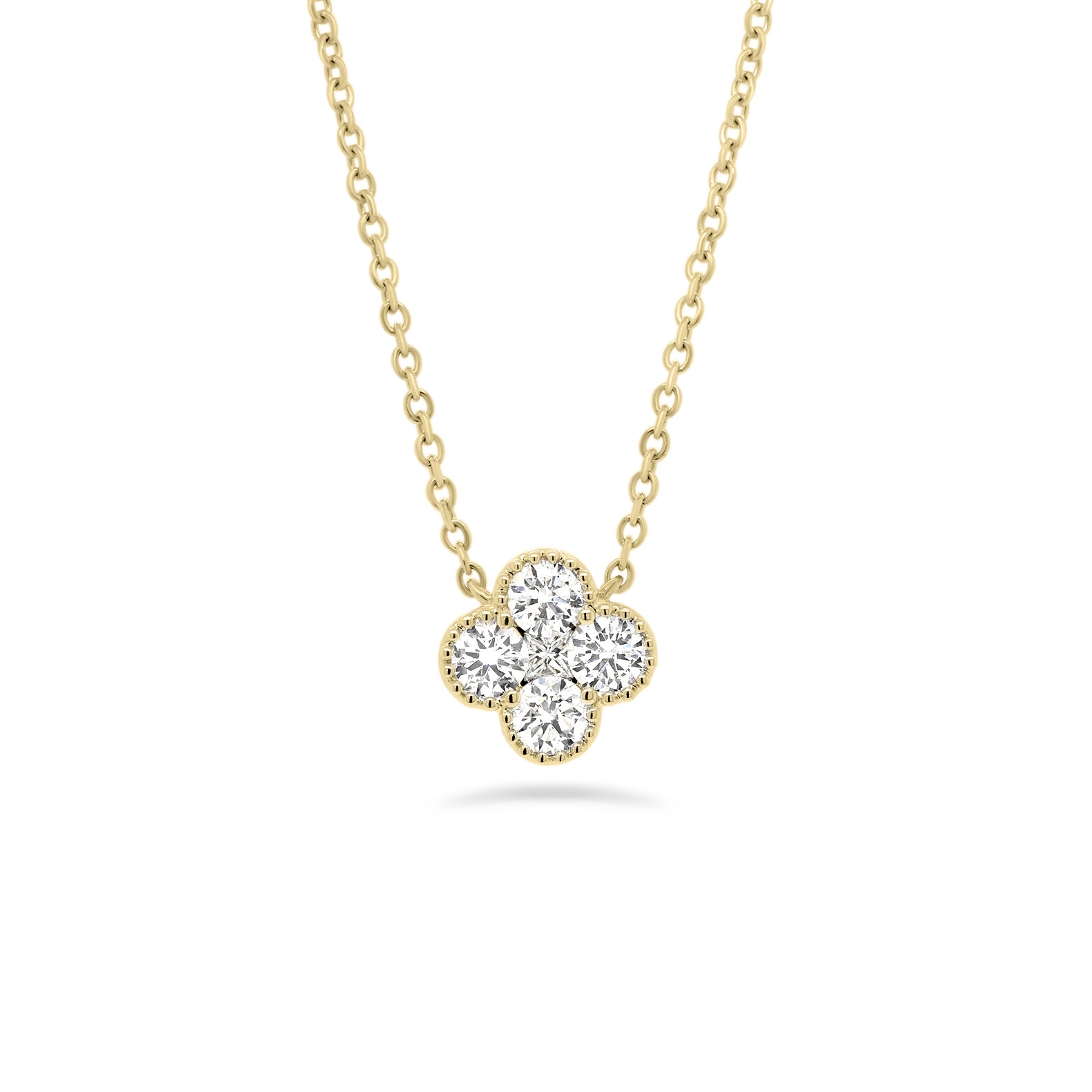 Diamond Flower Pendant  - 18K gold weighing 2.38 grams  - 4 round diamonds totaling 0.37 carats  - 0.03 ct princess-cut diamond