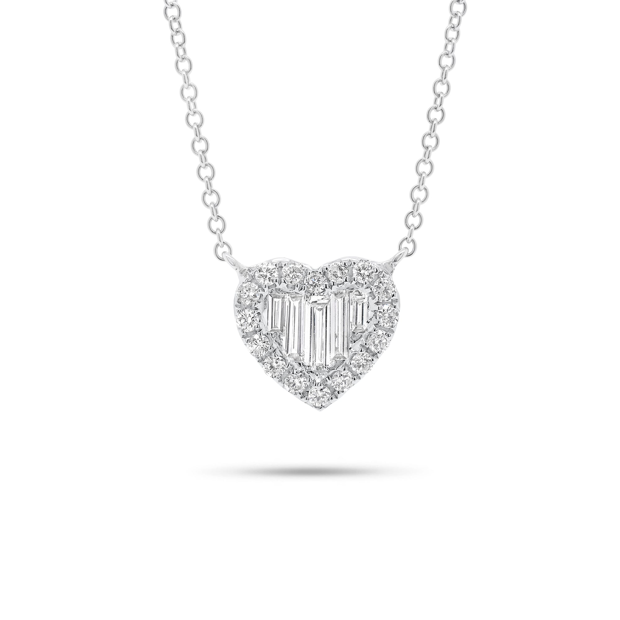 Round and Baguette Diamond Heart Pendant Necklace - 14K gold weighing 2.39 grams  - 16 round diamonds weighing 0.19 carats  - 5 slim baguettes weighing 0.19 carats