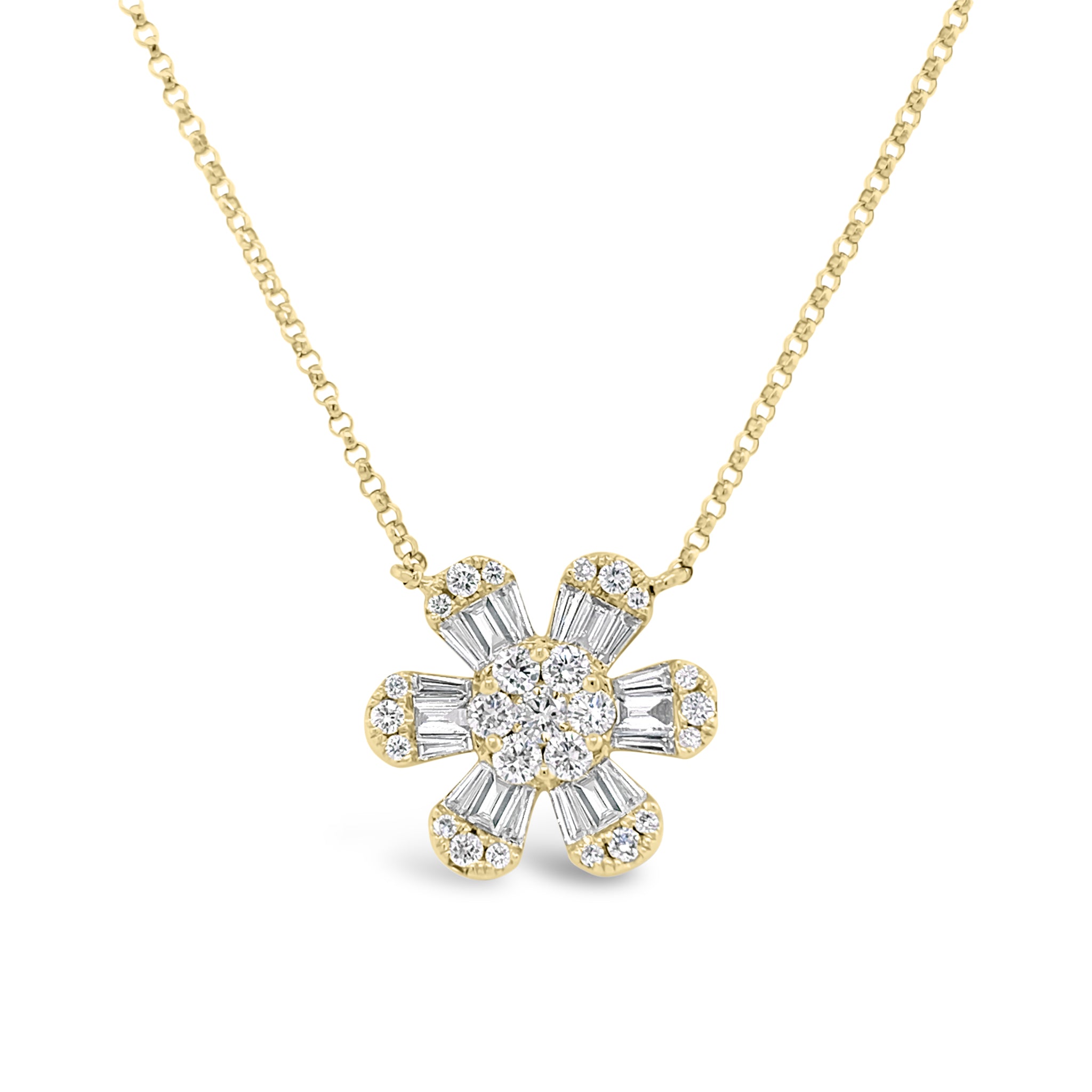 Round & Baguette Diamond Flower Pendant Necklace - Nuha Jewelers