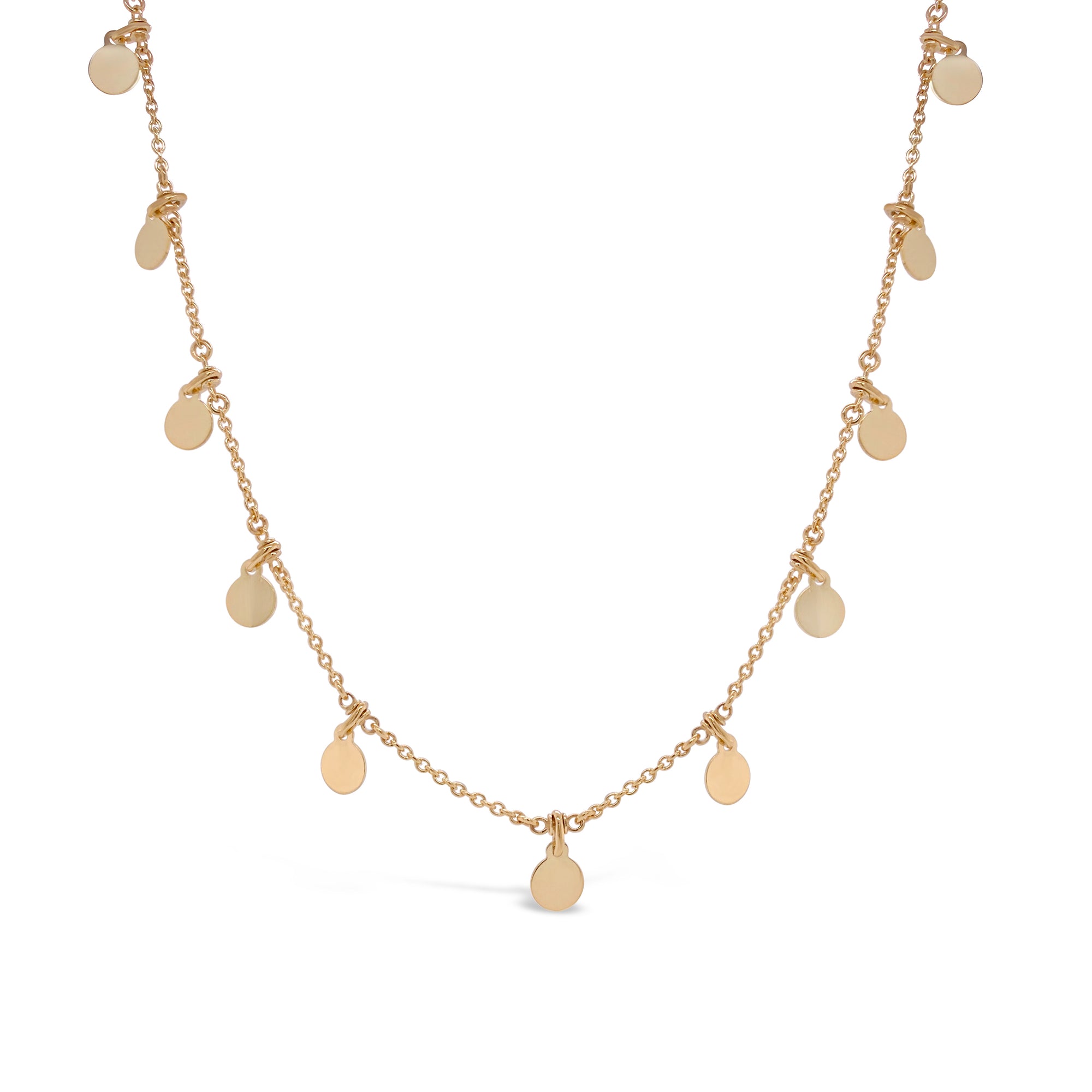 Dangling gold disc chain - 14K gold weighing 6.85 grams.