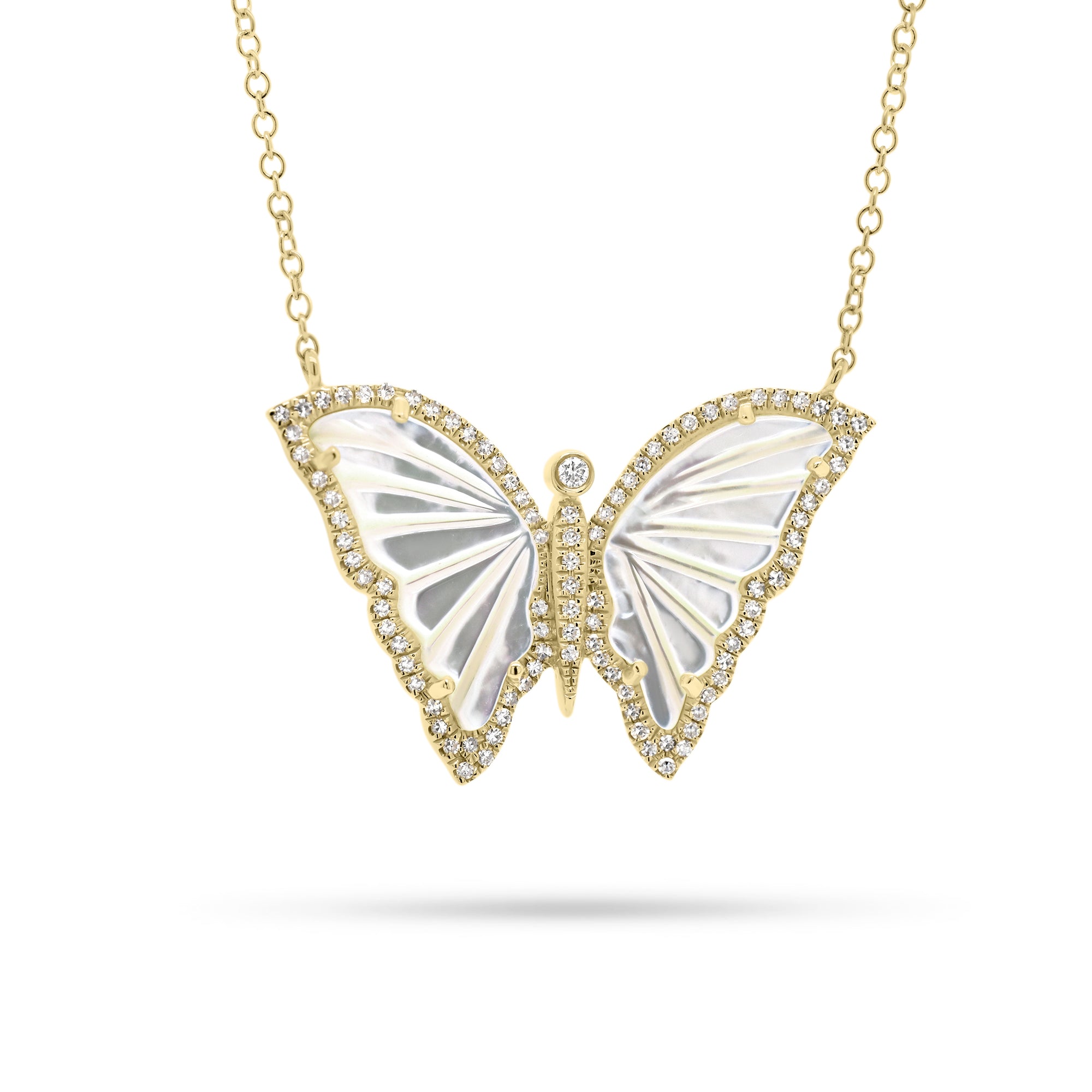 Mother of Pearl & Diamond Butterfly Pendant  - 14K gold weighing 3.10 grams  - 96 round diamonds totaling 0.22 carats  - 2 Mother of Pearl slices