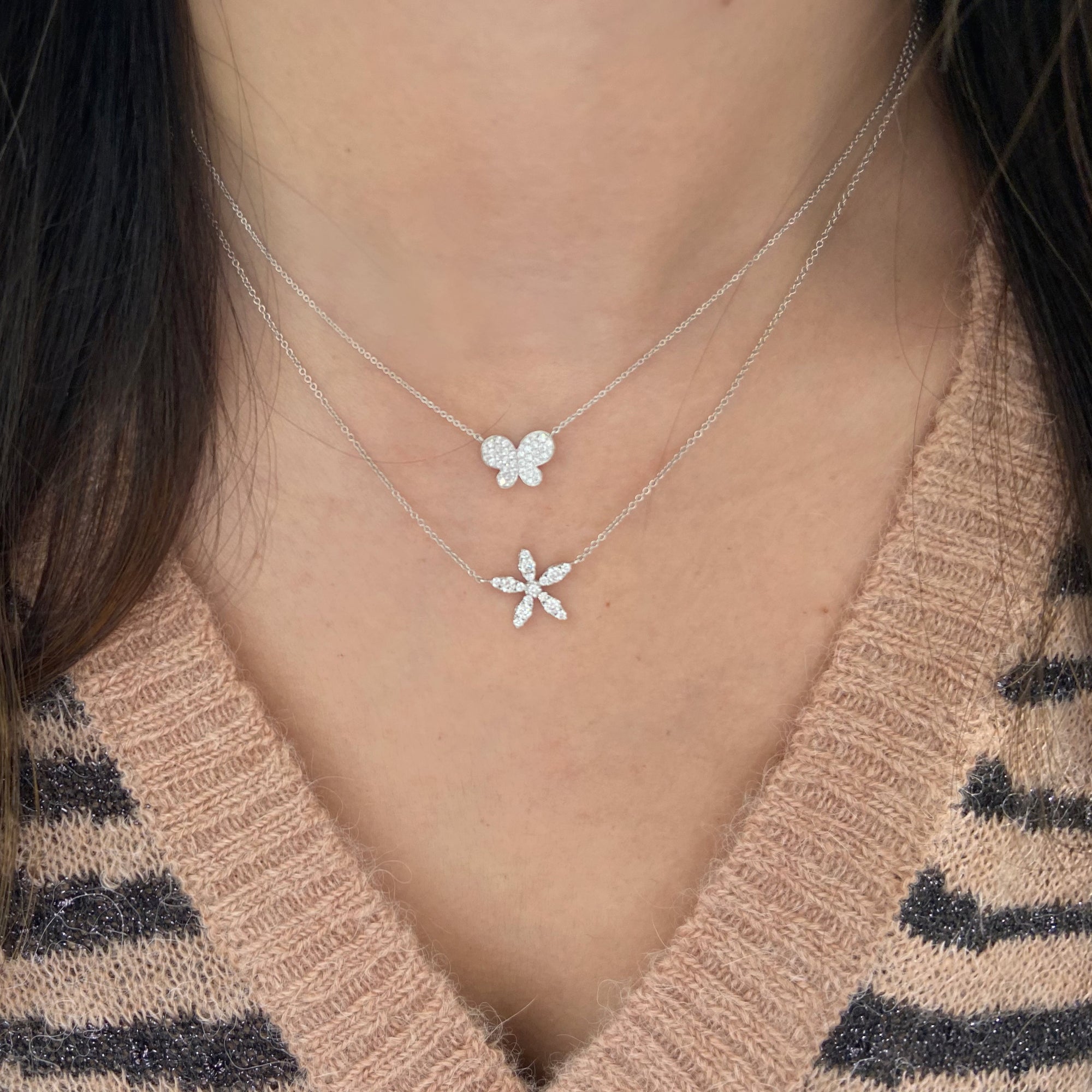 Diamond Delicate Flower Necklace  - 14K gold weighing 2.85 grams  - 16 round diamonds totaling 0.54 carats