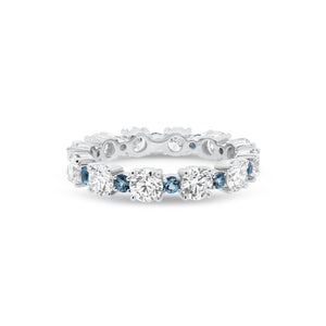 Classic Eternity Ring with Blue Aquamarine  - 18K gold weighing 3.07 grams  - 12 round diamonds totaling 2.13 carats  - 12 blue round aquamarine totaling 0.43 carats