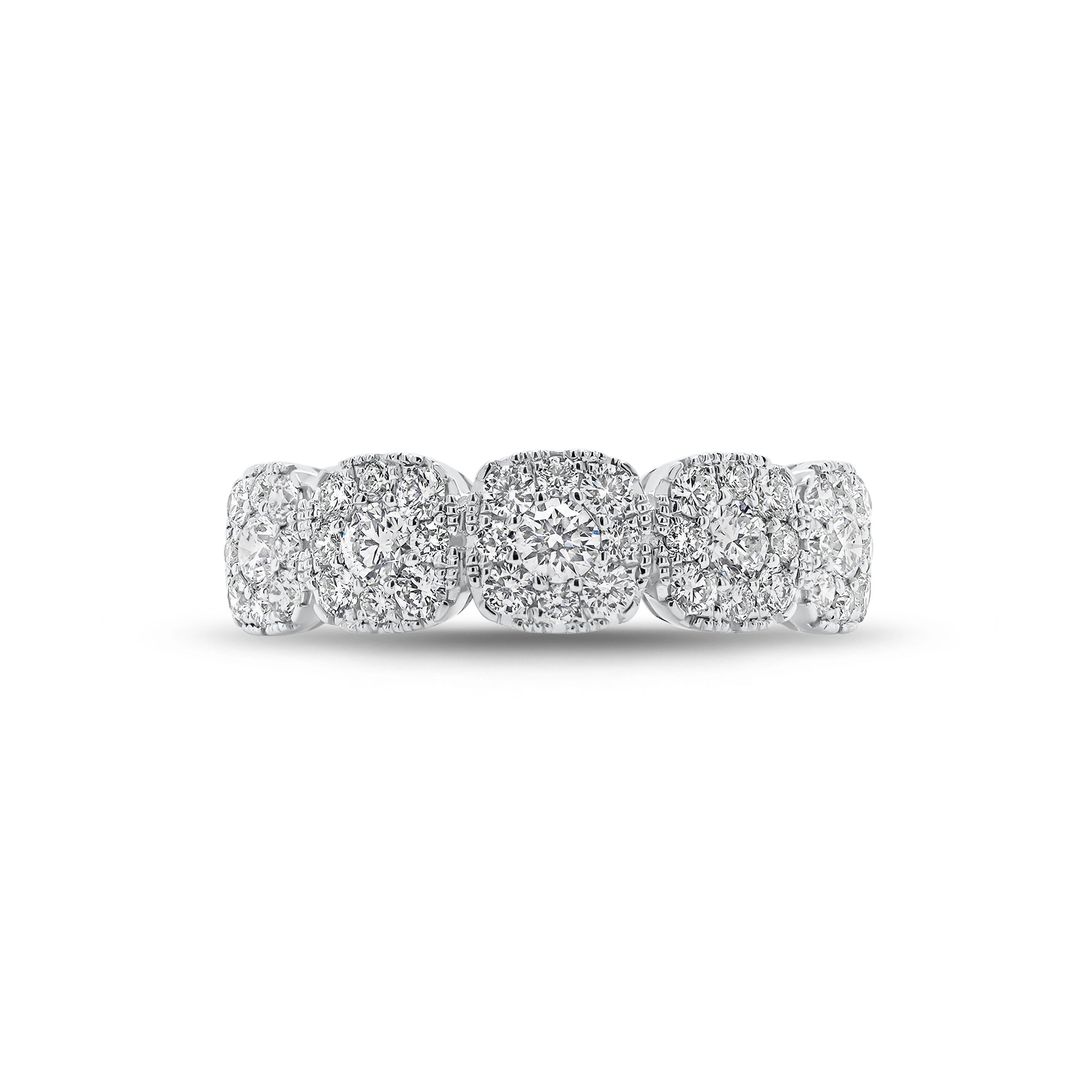 Halo Diamond Cushions Wedding Band - 18K gold weighing 3.09 grams  - 5 round diamonds weighing 0.31 carats  - 40 round diamonds weighing 0.48 carats